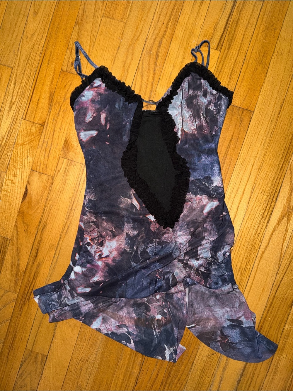 Women's Tie-Dye Satin Chemise Nightdress with Ruffle Trim - Black/Purple
